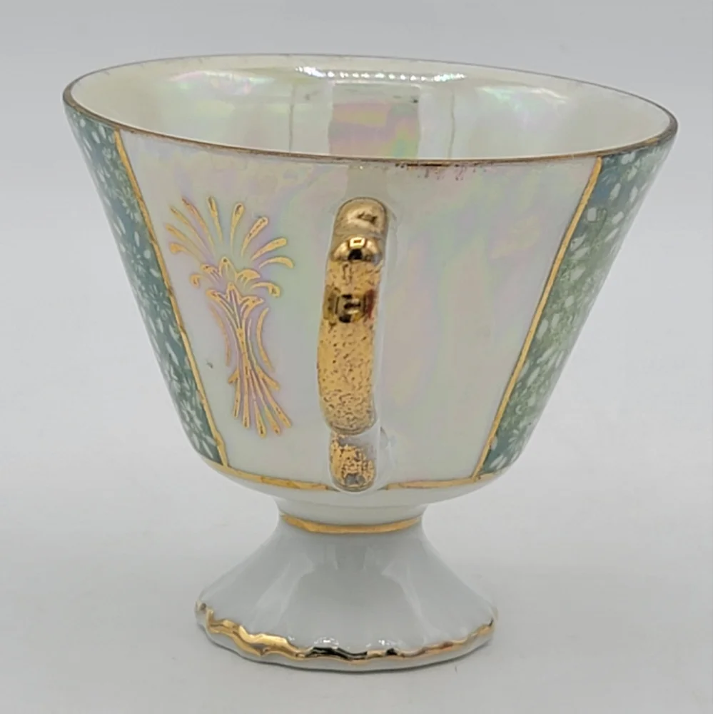 Japanese Lusterware Demitasse Cup Saucer Gold Trim Iridescent Floral Panels Vtg